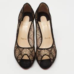 Christian Louboutin Black Lace and Suede Very Lace Peep Toe Pumps Size 36.5