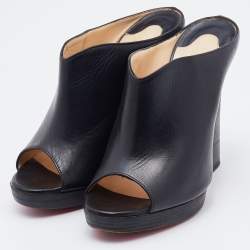 Pre Owned Christian Louboutin Black Leather Roche Slide Sandals Size 37.5