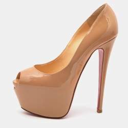 Pre Owned Christian Louboutin Beige Patent Leather Highness Pumps Size 37