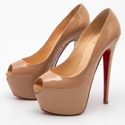 Pre Owned Christian Louboutin Beige Patent Leather Highness Pumps Size 37