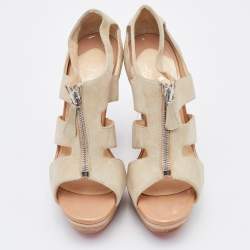 Christian Louboutin Beige Suede Cut Out Wooden Platform Sandals Size 37.5