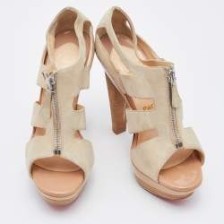 Christian Louboutin Beige Suede Cut Out Wooden Platform Sandals Size 37.5