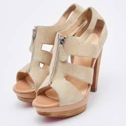 Christian Louboutin Beige Suede Cut Out Wooden Platform Sandals Size 37.5