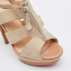 Christian Louboutin Beige Suede Cut Out Wooden Platform Sandals Size 37.5