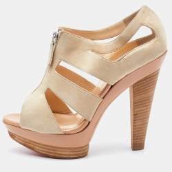 Christian Louboutin Beige Suede Cut Out Wooden Platform Sandals Size 37.5