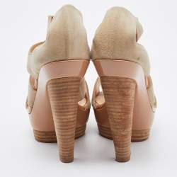 Christian Louboutin Beige Suede Cut Out Wooden Platform Sandals Size 37.5