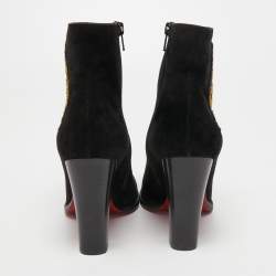Pre Owned Christian Louboutin Black Suede Embroidered Patch Ankle Boots Size 38.5
