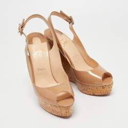 Christian Louboutin Beige Patent Leather Peep Toe Ankle Strap Wedge Sandals Size 40.5
