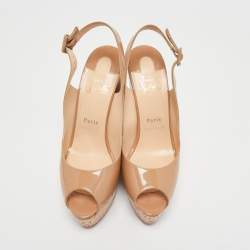 Christian Louboutin Beige Patent Leather Peep Toe Ankle Strap Wedge Sandals Size 40.5