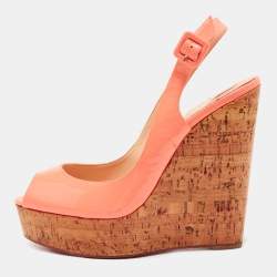 Christian Louboutin Peach Patent Leather Une Plume Wedge Sandals Size 40.5