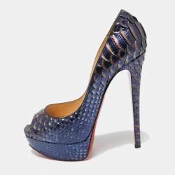 Christian Louboutin Metallic Blue Python Lady Peep Toe Pumps Size 37
