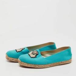 Christian Louboutin Aqua Blue Canvas Gala Embroidered Crest Espadrille Flats Size 40