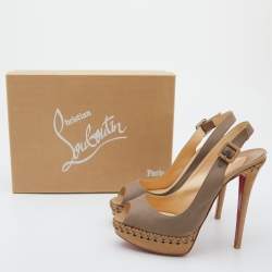 Pre Owned Christian Louboutin Taupe Canvas Indiana Slingback Platform Pumps Size 38.5