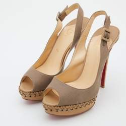 Pre Owned Christian Louboutin Taupe Canvas Indiana Slingback Platform Pumps Size 38.5