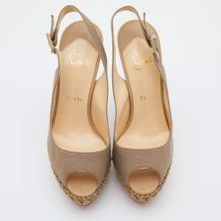 Pre Owned Christian Louboutin Taupe Canvas Indiana Slingback Platform Pumps Size 38.5