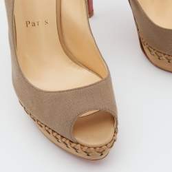 Pre Owned Christian Louboutin Taupe Canvas Indiana Slingback Platform Pumps Size 38.5