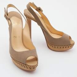 Pre Owned Christian Louboutin Taupe Canvas Indiana Slingback Platform Pumps Size 38.5