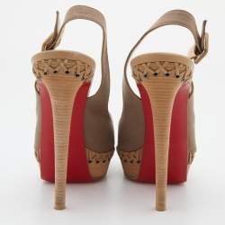 Pre Owned Christian Louboutin Taupe Canvas Indiana Slingback Platform Pumps Size 38.5
