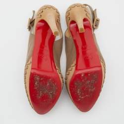 Pre Owned Christian Louboutin Taupe Canvas Indiana Slingback Platform Pumps Size 38.5