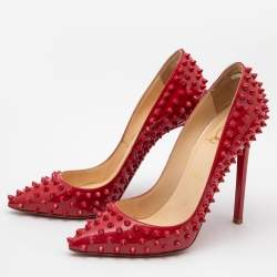 Pre Owned Christian Louboutin Red Patent Leather Pigalle Spike Pumps Size 37.5