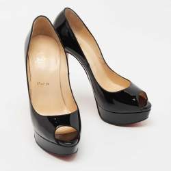 Pre Owned Christian Louboutin Black Patent Leather Lady Peep Pumps Size 38.5