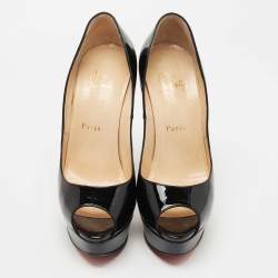 Pre Owned Christian Louboutin Black Patent Leather Lady Peep Pumps Size 38.5