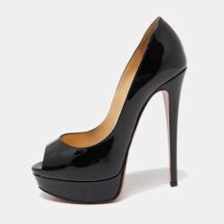 Pre Owned Christian Louboutin Black Patent Leather Lady Peep Pumps Size 36.5