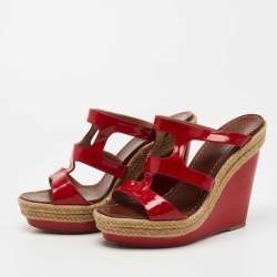 Christian Louboutin Red Patent Bilbao 120 Wedge Espadrilles Sandals Size 40