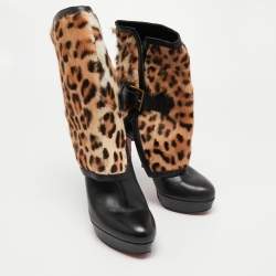Christian Louboutin Black Leather And Calf hair Leopard Boots Size 40