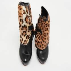 Christian Louboutin Black Leather And Calf hair Leopard Boots Size 40
