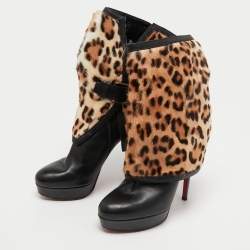 Christian Louboutin Black Leather And Calf hair Leopard Boots Size 40