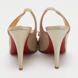 Pre Owned Christian Louboutin Beige Satin and Fabric Nooka Slingback Pumps Size 39.5
