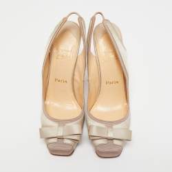 Pre Owned Christian Louboutin Beige Satin and Fabric Nooka Slingback Pumps Size 39.5