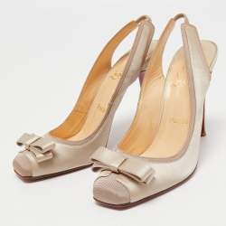 Pre Owned Christian Louboutin Beige Satin and Fabric Nooka Slingback Pumps Size 39.5