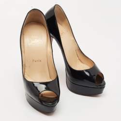 Pre Owned Christian Louboutin Black Patent Leather Lady Peep Pumps Size 37.5
