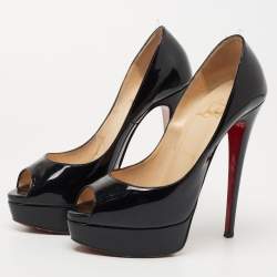 Pre Owned Christian Louboutin Black Patent Leather Lady Peep Pumps Size 37.5