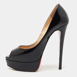 Pre Owned Christian Louboutin Black Patent Leather Lady Peep Pumps Size 37.5
