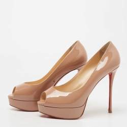 Pre Owned Christian Louboutin Beige Patent Leather Fetish Peep Toe Pumps Size 39