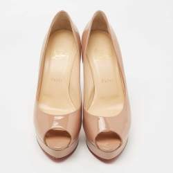 Pre Owned Christian Louboutin Beige Patent Leather Fetish Peep Toe Pumps Size 39
