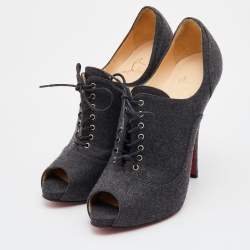 Christian Louboutin Grey Felt Fabric Flannel Lady Peep Toe Lace Up Oxford Booties Size 38