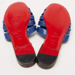 مملوكة مسبقًا Christian Louboutin Blue/White Lizard Embossed Leather Flat Slides Size 38.5