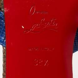 مملوكة مسبقًا Christian Louboutin Blue/White Lizard Embossed Leather Flat Slides Size 38.5