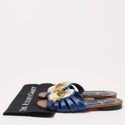 مملوكة مسبقًا Christian Louboutin Blue/White Lizard Embossed Leather Flat Slides Size 38.5