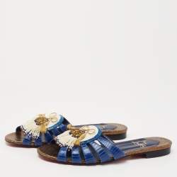 مملوكة مسبقًا Christian Louboutin Blue/White Lizard Embossed Leather Flat Slides Size 38.5