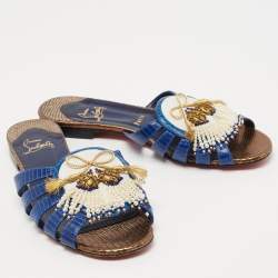 مملوكة مسبقًا Christian Louboutin Blue/White Lizard Embossed Leather Flat Slides Size 38.5