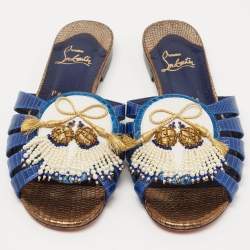 م ملوكة مسبقًا Christian Louboutin Blue/White Lizard Embossed Leather Flat Slides Size 38.5
