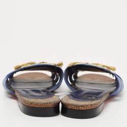 مملوكة مسبقًا Christian Louboutin Blue/White Lizard Embossed Leather Flat Slides Size 38.5