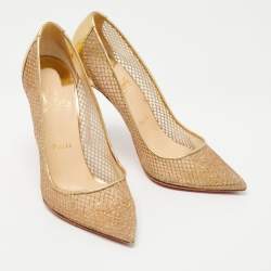 مملوكة مسبقًا Christian Louboutin Gold Leather and Mesh Follies Resille Pumps Size 38