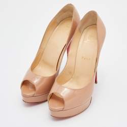 Pre Owned Christian Louboutin Beige Patent Leather Lady Peep Toe Platform Pumps Size 39