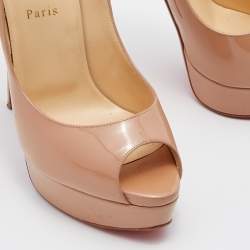 Pre Owned Christian Louboutin Beige Patent Leather Lady Peep Toe Platform Pumps Size 39